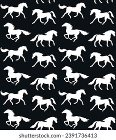 Vector seamless pattern of hand drawn horses silhouette isolated on black background