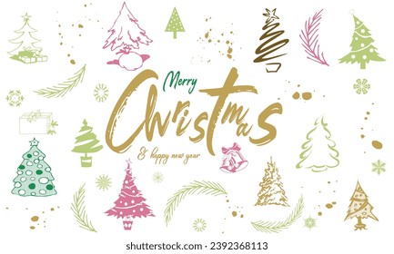 Vector seamless pattern with hand drawn ink gold textured brush strokes. Christmas icon, trees forest brush strokes.eps8