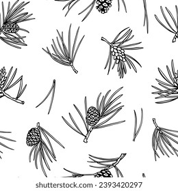 Vector seamless pattern with hand drawn pine twigs with cones. Beautiful design elements, ink drawing, graphic style. Perfect for prints and patterns for Christmas or New Year holidays season.
