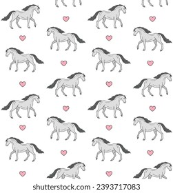 Vector seamless pattern of hand drawn sketch doodle horse and hearts isolated on white background