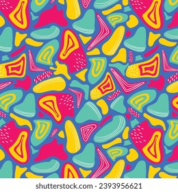 Vector seamless pattern. Hand drawn various shapes and doodle objects. Abstract contemporary modern trendy vector illustration. Stamp texture. 