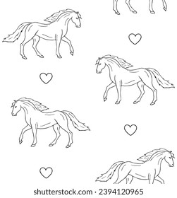 Vector seamless pattern of hand drawn sketch doodle horse and hearts isolated on white background