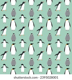 Vector seamless pattern of hand drawn flat penguin isolated on mint background