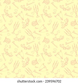 Vector seamless pattern with hand drawn romantic theme on beige background. Background for use in design, web site, packing, textile, fabric