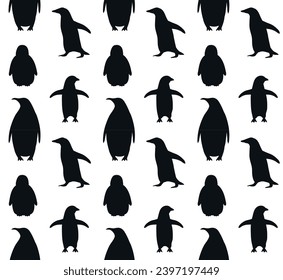 Vector seamless pattern of hand drawn flat penguin silhouette isolated on white background