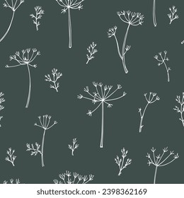 Vector seamless pattern with hand drawn dill umbels. Beautiful ink drawing, vintage botanical style. Perfect for prints and patterns