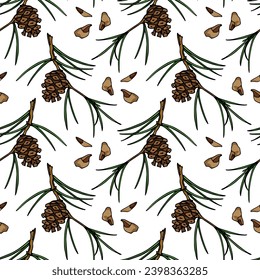 Vector seamless pattern with hand drawn pine twigs with cones and see. Beautiful design elements, ink drawing, graphic style. Perfect for prints and patterns for Christmas or New Year holidays season.
