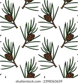 Vector seamless pattern with hand drawn pine twigs with cones. Beautiful design elements, ink drawing, graphic style. Perfect for prints and patterns for Christmas or New Year holidays season.