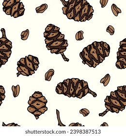 Vector seamless pattern with hand drawn conifer cones and seeds. Beautiful design elements, ink drawing. Perfect for prints and patterns for Christmas or New Year holidays season.