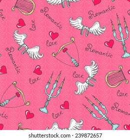 Vector seamless pattern with hand drawn romantic theme. Background for use in design, web site, packing, textile, fabric