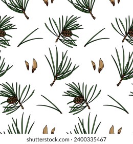 Vector seamless pattern with hand drawn pine twigs with cones and seeds. Beautiful ink drawing, graphic style. Perfect for prints and patterns