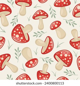 Vector Seamless Pattern with Hand Drawn Cartoon Mushrooms. Amanita Muscaria, Fly Agaric Illustration. Print with Mushrooms. Magic Mushroom Symbol, Design Template