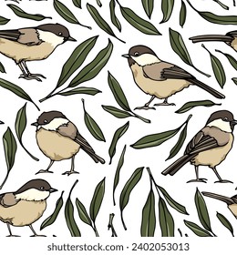 Vector seamless pattern with hand drawn cute Willow Tits among graceful green leaves. Ink drawing, beautiful animal design elements. Perfect for prints and patterns