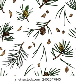 Vector seamless pattern with hand drawn pine twigs with cones and conifer seeds. Beautiful design elements, ink drawing. Perfect for prints and patterns for holidays season