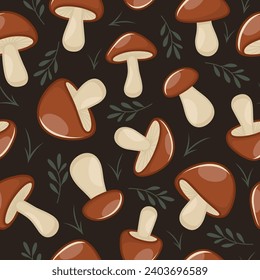 Vector Seamless Pattern with Hand Drawn Cartoon Mushrooms on a Black Background. Brown Mushrooms Illustration. Print with Mushrooms. Design Template