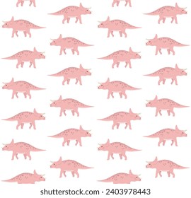 Vector seamless pattern of hand drawn flat pink triceratops dinosaur isolated on white background