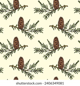 Vector seamless pattern with hand drawn cedar branches with huge cones. Beautiful design elements, ink drawing. Perfect for prints and patterns for Christmas or New Year holidays season