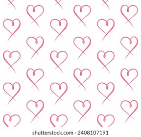 Vector seamless pattern of hand drawn doodle sketch pink heart isolated on white background