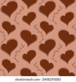 Vector seamless pattern with hand drawn hart and branch with leaves for Celebratory Event, Valentine's Day, wedding, a date. Romantic background  for wrapping paper, bags, textiles, wedding decor