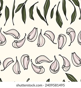 Vector seamless pattern with hand drawn sage leaves and garlic cloves. Beautiful culinary design elements, ink drawing. Perfect for prints and patterns