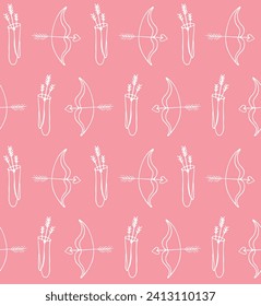 Vector seamless pattern of hand drawn doodle sketch bow and arrows isolated on pink background