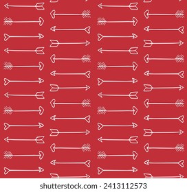 Vector seamless pattern of hand drawn sketch Valentine’s cupid arrows isolated on red background