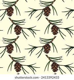 Vector seamless pattern with hand drawn pine twigs with cones. Beautiful design elements, ink drawing, graphic style. Perfect for prints and patterns for Christmas or New Year holidays season