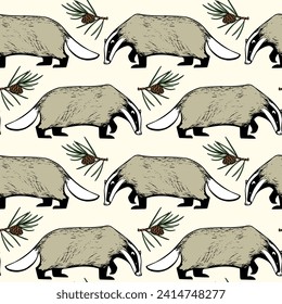 Vector seamless pattern with hand drawn badgers with pine twigs and cones. Beautiful animal design elements, perfect for prints and patterns. Ink drawing