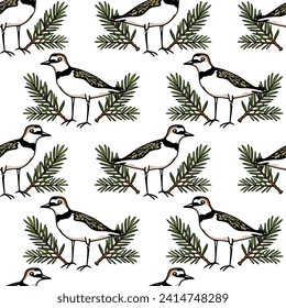 Vector seamless pattern with hand drawn cute waders in fir-tree laurel. Beautiful animal design elements, ink drawing. Perfect for prints and patterns
