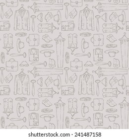 Vector seamless pattern with hand drawn objects of men's wardrobe on beige background. Background for use in design, web site, packing, textile, fabric