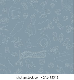 Vector seamless pattern with hand drawn symbols of sewing studio and atelier on gray background. Background for use in design, web site, packing, textile, fabric