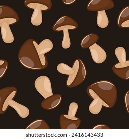 Vector Seamless Pattern with Hand Drawn Cartoon Mushrooms on a Black Background. Brown Mushrooms Illustration. Print with Mushrooms. Design Template