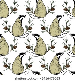 Vector seamless pattern with hand drawn badgers in pine wreath with cones. Beautiful animal design elements, perfect for prints and patterns. Ink drawing