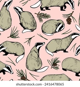 Vector seamless pattern with hand drawn badgers with pine twigs and cones. Beautiful animal design elements, perfect for prints and patterns. Ink drawing