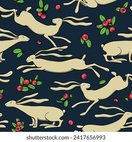 Vector seamless pattern with hand drawn sweet running hares with long floppy ears among cranberry twigs. Beautiful  design elements, perfect for prints and patterns