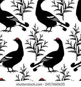 Vector seamless pattern with hand drawn graceful black grouse with conifer twigs. Beautiful animal design elements, ink drawing, graphic style. Perfect for prints and patterns