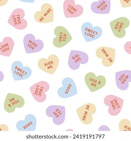 Vector seamless pattern with hand drawn conversation hearts. Lovely romantic endless background for Valentines day, holiday design, wallpaper, fabric. Candy hearts pattern in flat cartoon style