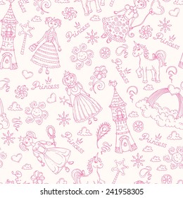 Vector seamless pattern with hand drawn symbols of little princess. Background for use in design, web site, packing, textile, fabric