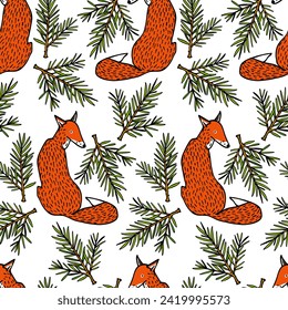 Vector seamless pattern with hand drawn sweet foxes with spruce twigs. Beautiful animals design elements, ink drawing made in linocut style. Perfect for prints and patterns