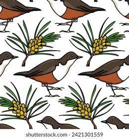 Vector seamless pattern with hand drawn sweet birds and pine twigs made with ink. Beautiful animal design elements, perfect for prints and patterns
