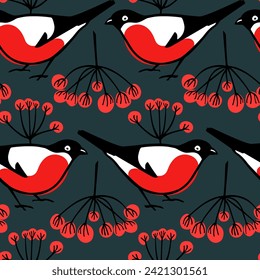 Vector seamless pattern with hand drawn cute bullfinches and rowan berry twigs made with ink. Beautiful northern wildlife design elements. Perfect for holidays season prints and patterns
