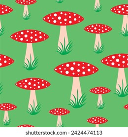 Vector Seamless Pattern with Hand Drawn Cartoon Flat Mushrooms on Green Background.