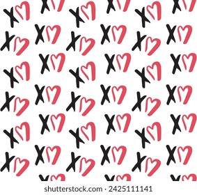 Vector seamless pattern of hand drawn doodle sketch xoxo lettering with red heart isolated on white background