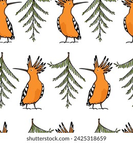 Vector seamless pattern with hand drawn cute Hoopoes with cypress twigs. Beautiful animal design elements, ink drawing. Perfect for prints and patterns