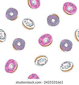 Vector seamless pattern with hand drawn donuts isolated on white. Endless texture with doughnuts in sketch style.