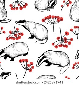 Vector seamless pattern with hand drawn badgers with graceful rowan twigs. Ink drawing, graphic style. Beautiful animal design elements, perfect for prints and patterns. 