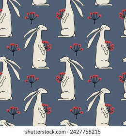 Vector seamless pattern with hand drawn sweet hares and red berries  twigs. Beautiful animal design elements, ink draing, cartoon style. Perfect for Easter prints and patterns