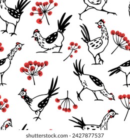Vector seamless pattern with hand drawn cute chickens and red blooming umbels. Beautiful ink drawing, heavy contour, graphic style. Perfect elements for food or farming prints and patterns.
