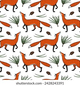 Vector seamless pattern with hand drawn sweet foxes with pine twigs, cones and needles. Beautiful animals design elements, ink drawing made in linocut style. Perfect for prints and patterns