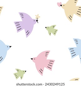 Vector seamless pattern with hand drawn flying birds with flowers and hearts. Lovely romantic endless background for Valentines day, holiday design, wallpaper, fabric. Flat cartoon illustration